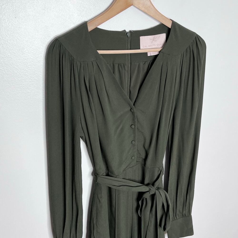 Gal Meets Glam Olive Green Faux Wrap Tie Waist Mini Dress Long Sleeve US 2 - Picture 4 of 10